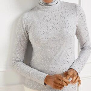 Talbots Heather Gray Silver Foil Dot Cotton Tee Tunic Turtleneck Petite Lrge NWT